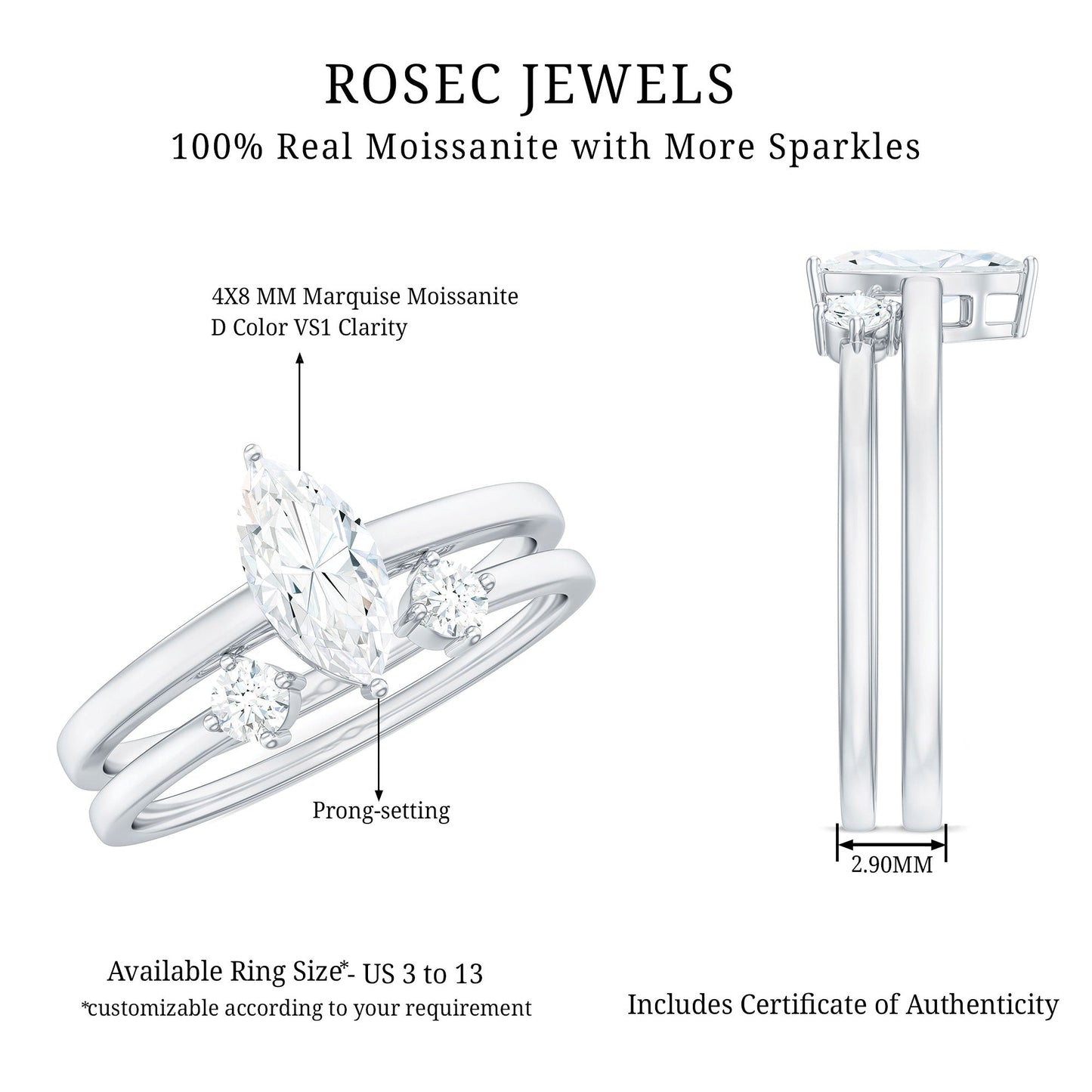 Marquise Cut Moissanite Engagement Ring with Stackable Band