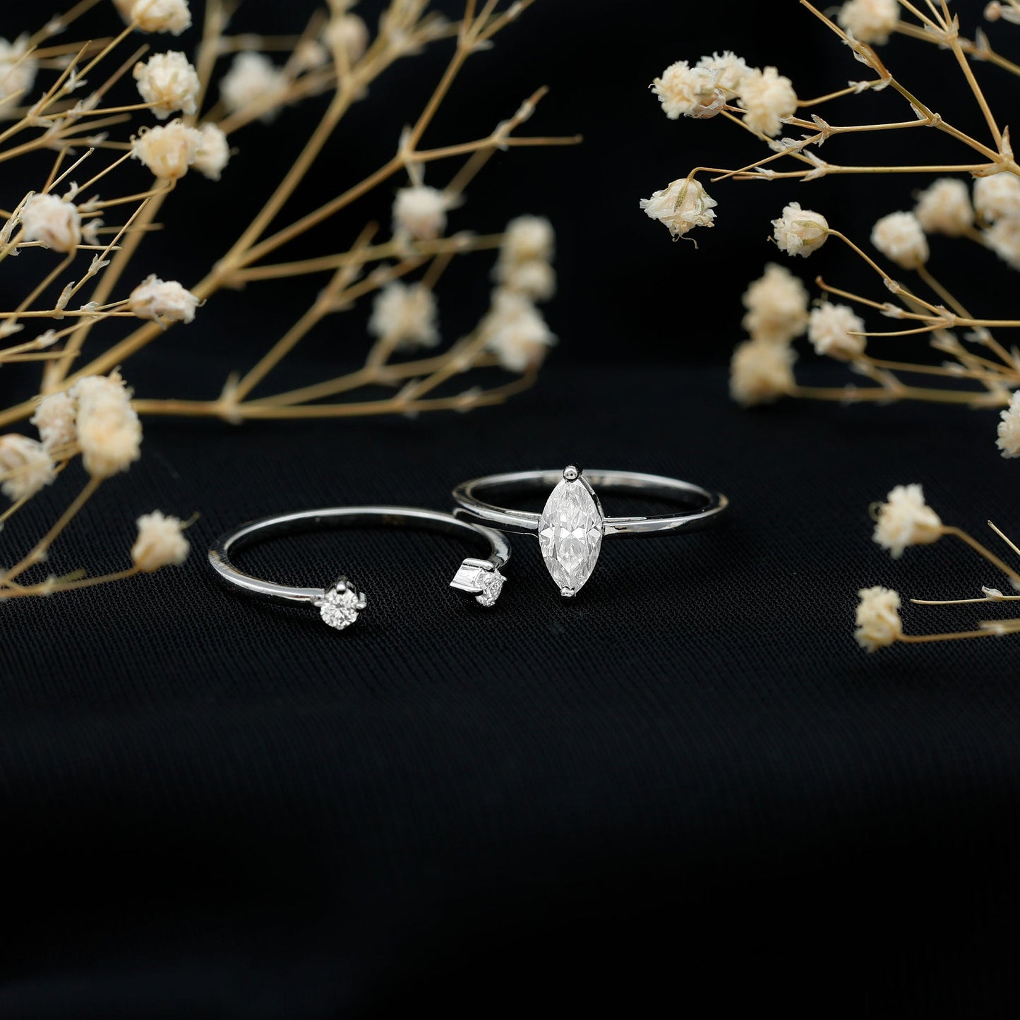 Marquise Cut Moissanite Engagement Ring with Stackable Band