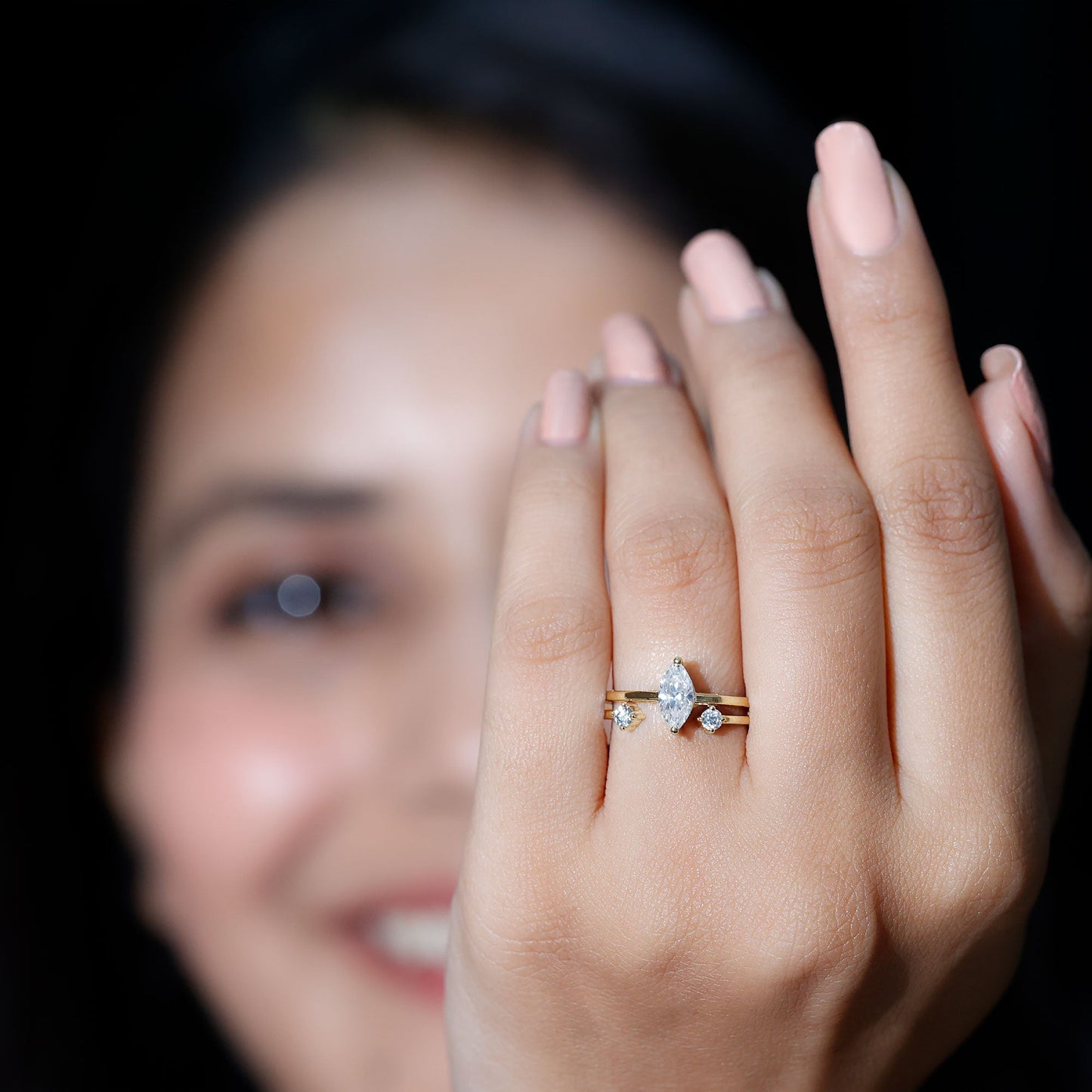 Marquise Cut Moissanite Engagement Ring with Stackable Band