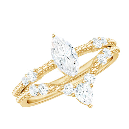 Marquise Cut Moissanite Wedding Ring Set with Beaded Detail