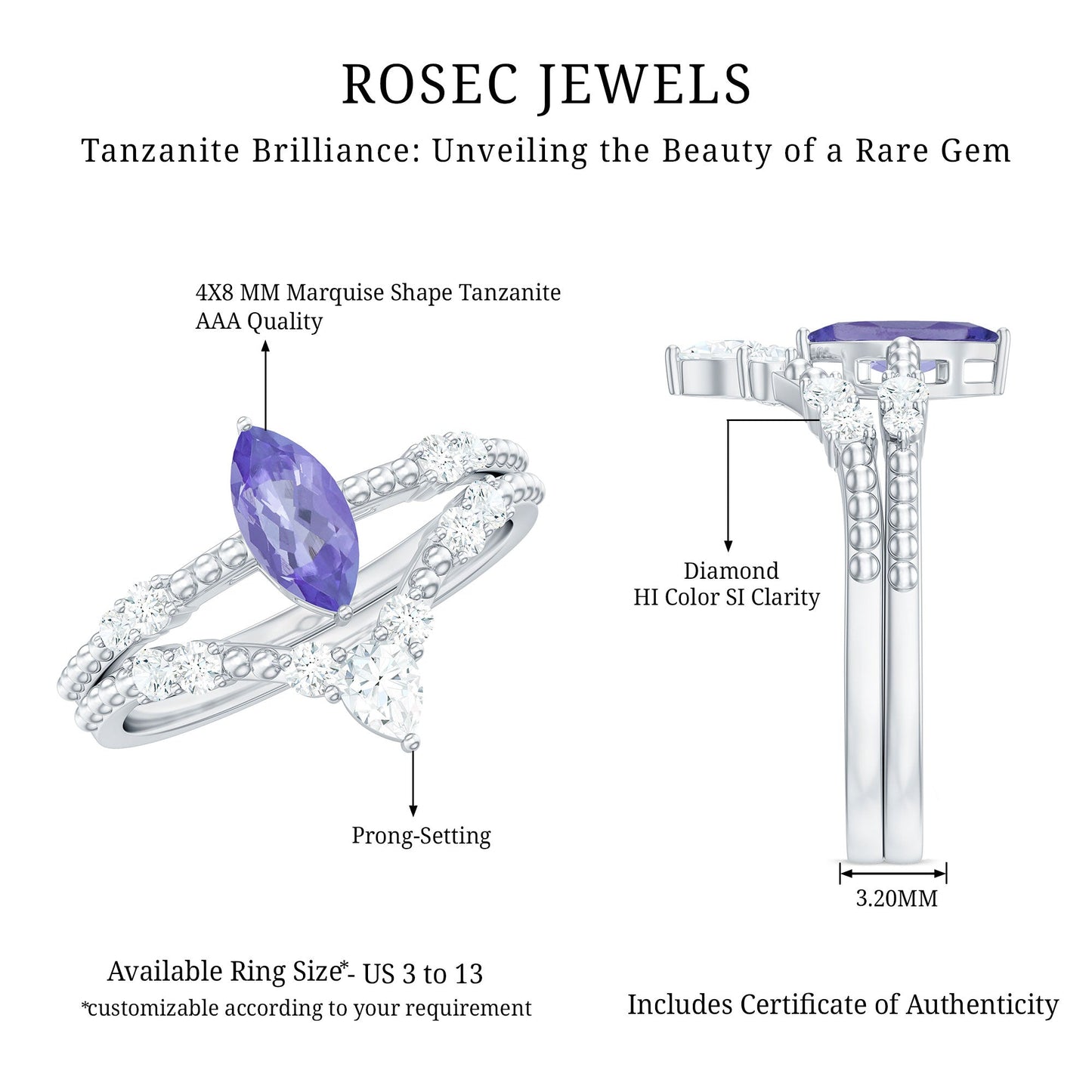 Natural Marquise Tanzanite Diamond Engagement Ring Set