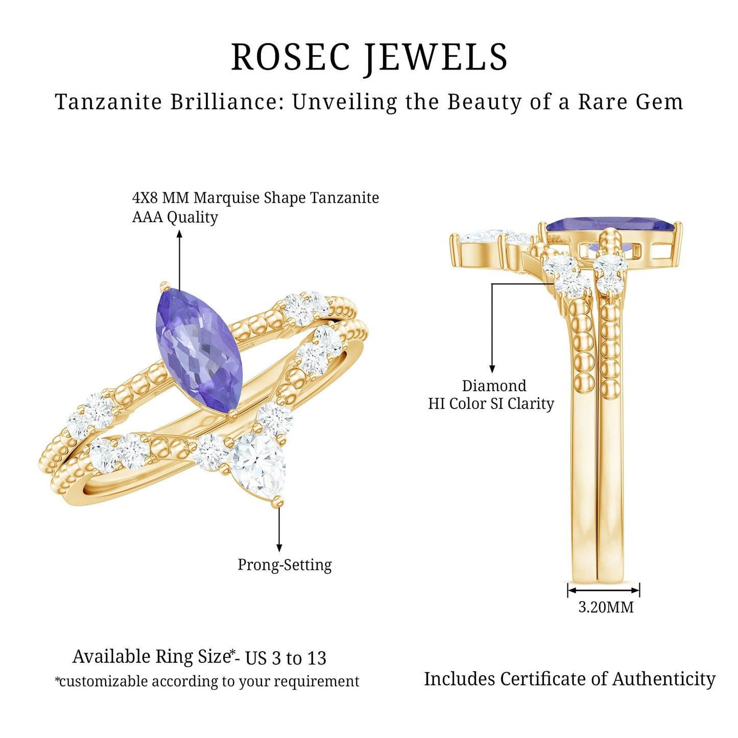 Natural Marquise Tanzanite Diamond Engagement Ring Set