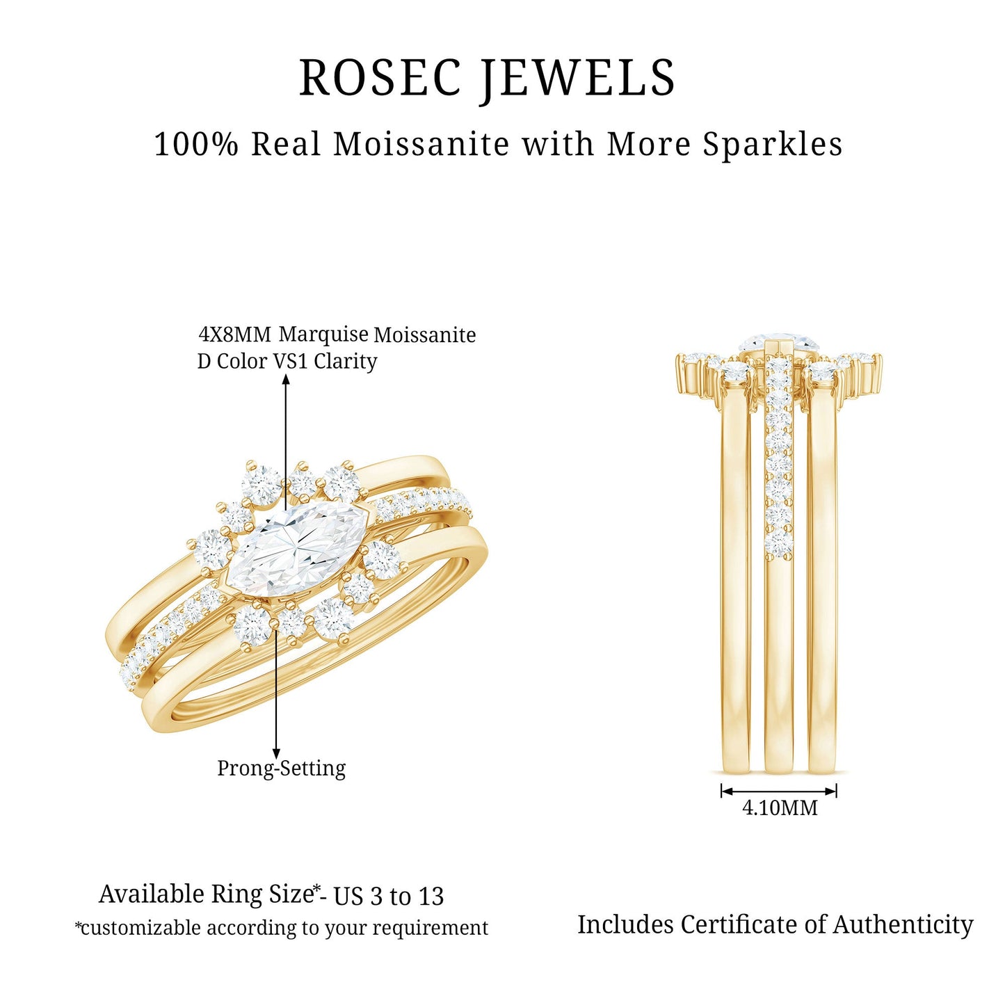 Certified Moissanite Trio Bridal Ring Set for Women