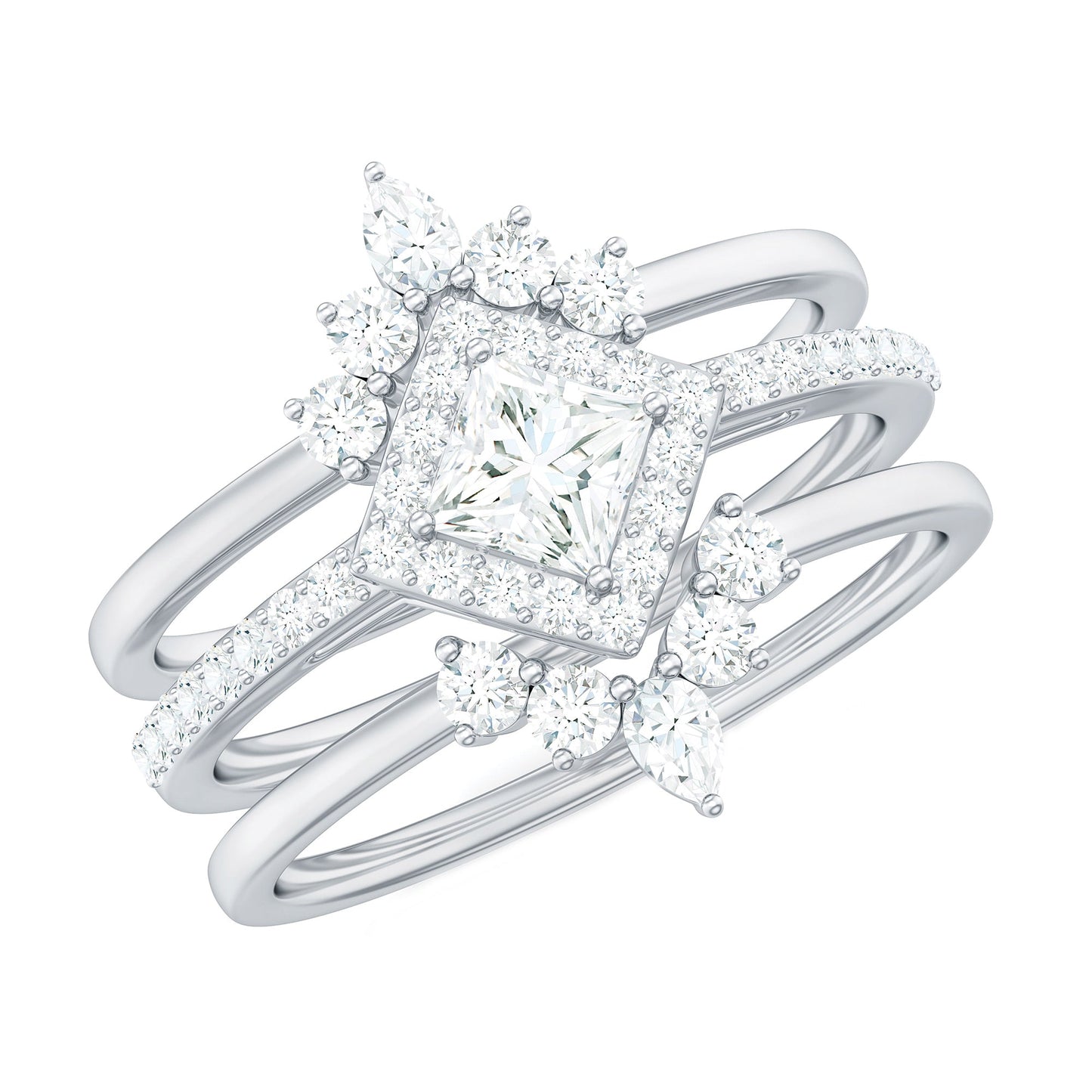 Princess Cut Moissanite Trio Bridal Ring Set with Certificate