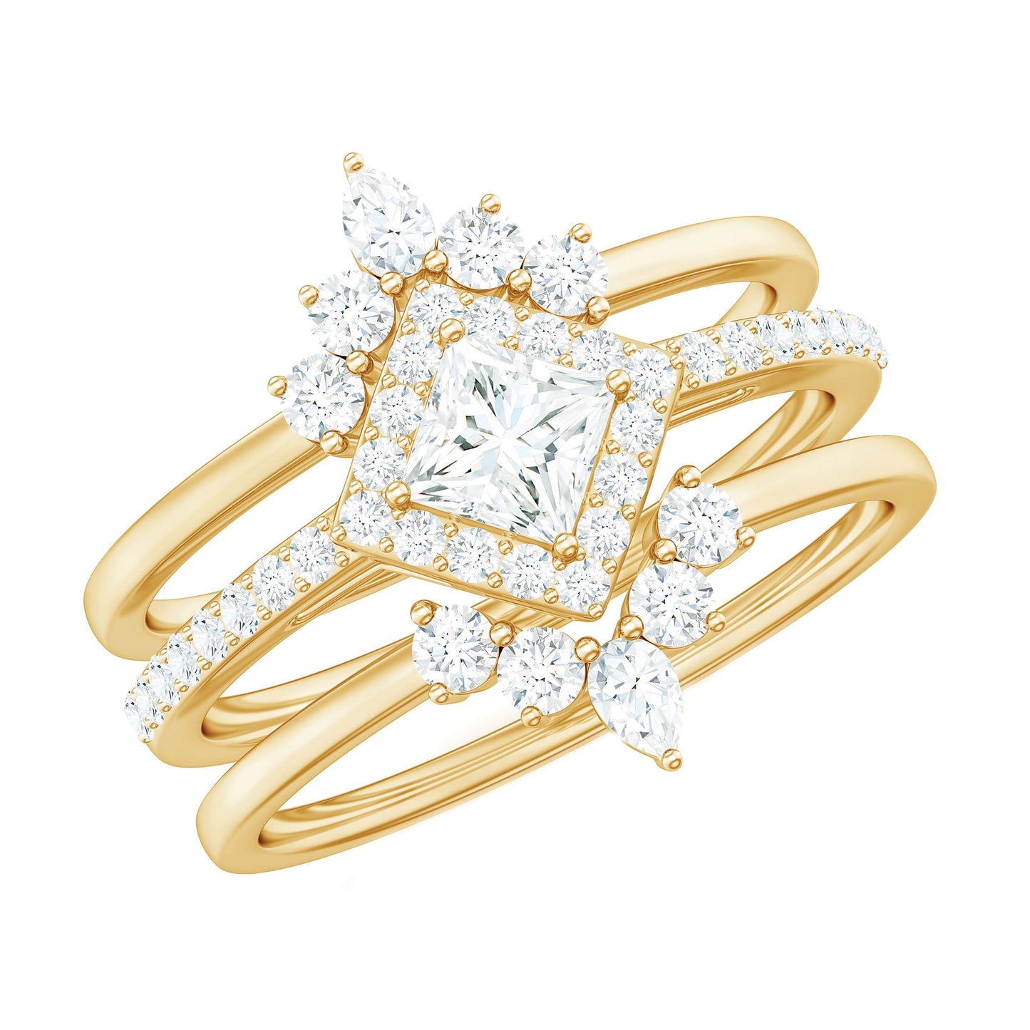 Princess Cut Moissanite Trio Bridal Ring Set with Certificate