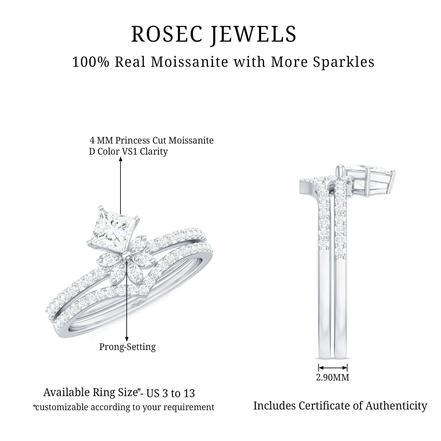 Princess Cut Certified Moissanite Flower Wedding Ring Set