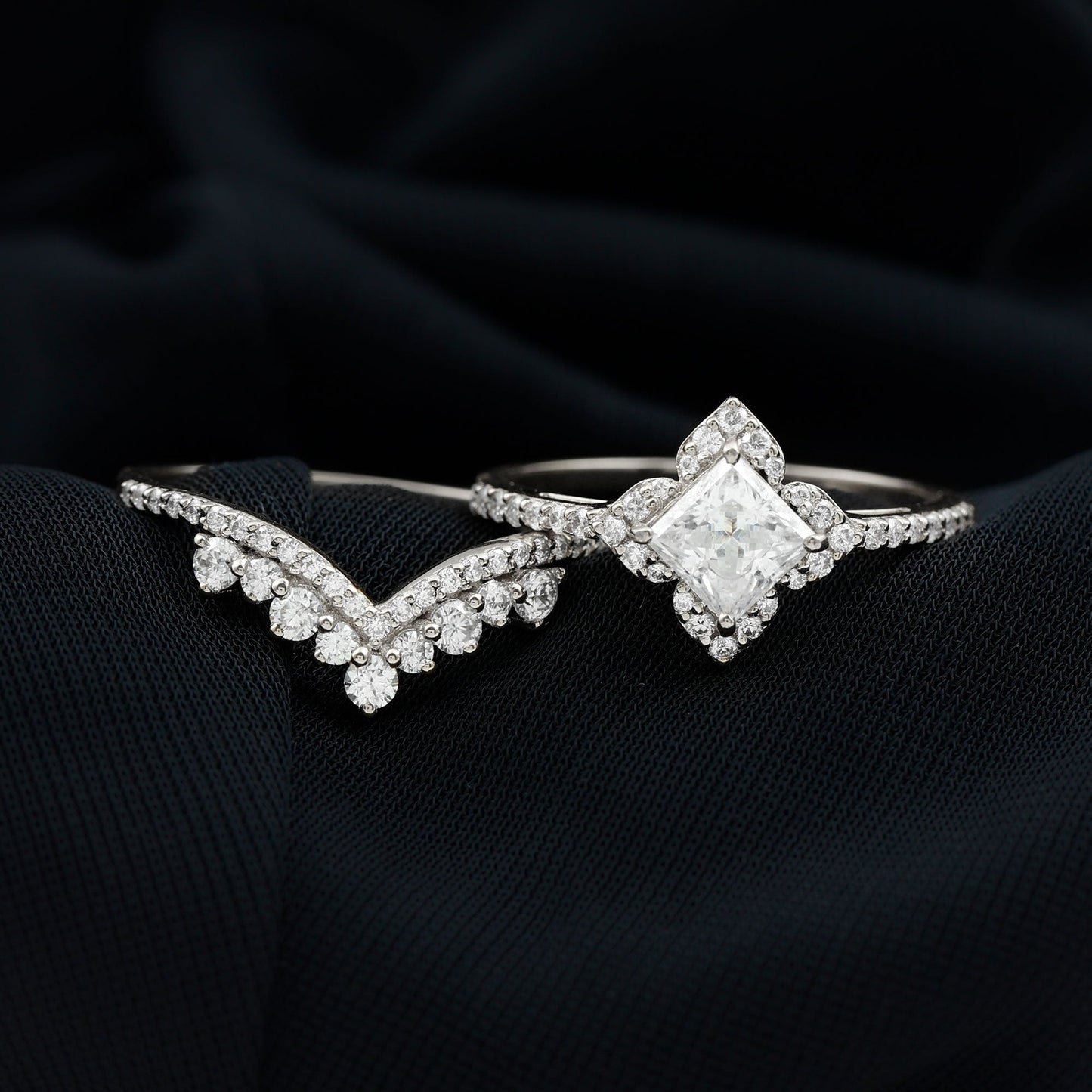 Certified Princess Cut Cubic Zirconia Flower Engagement Ring with Wedding Band