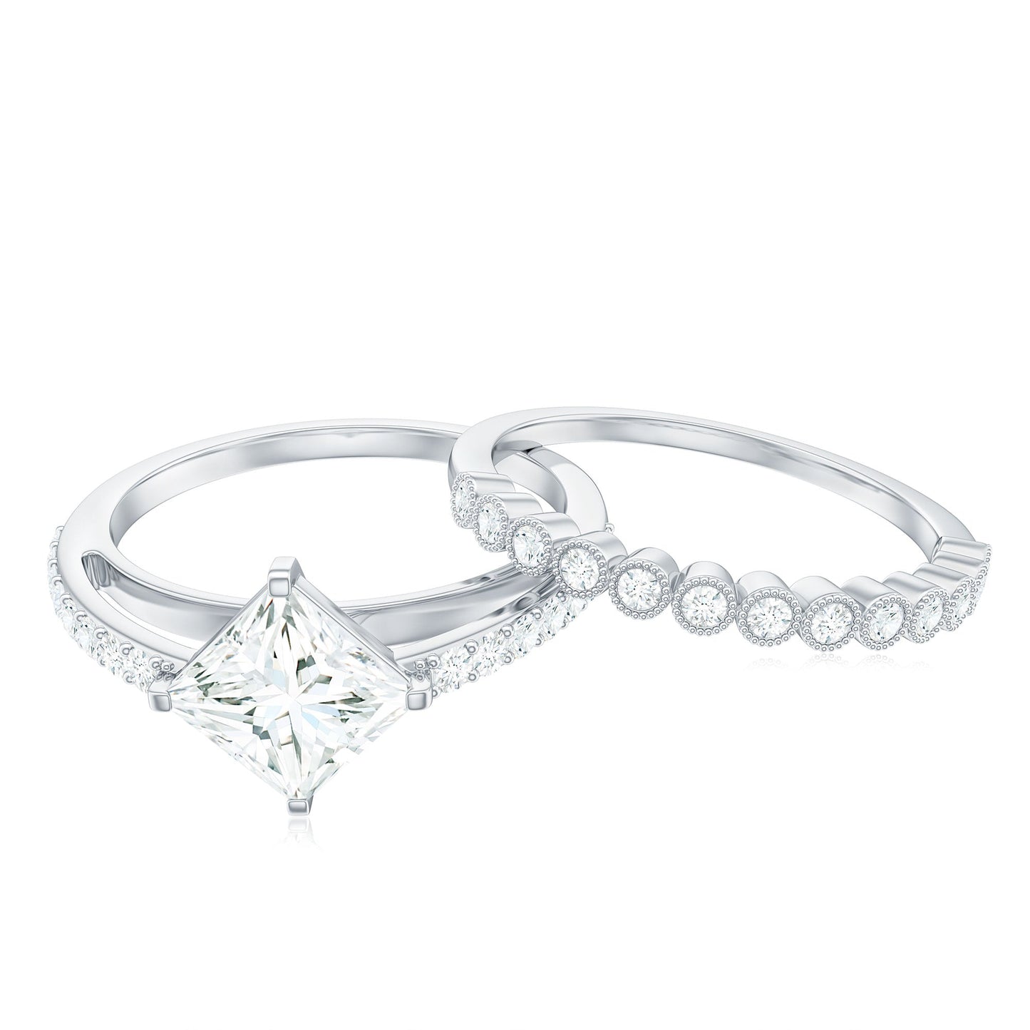 Princess Cut Moissanite Engagement Ring with Wedding Band Set