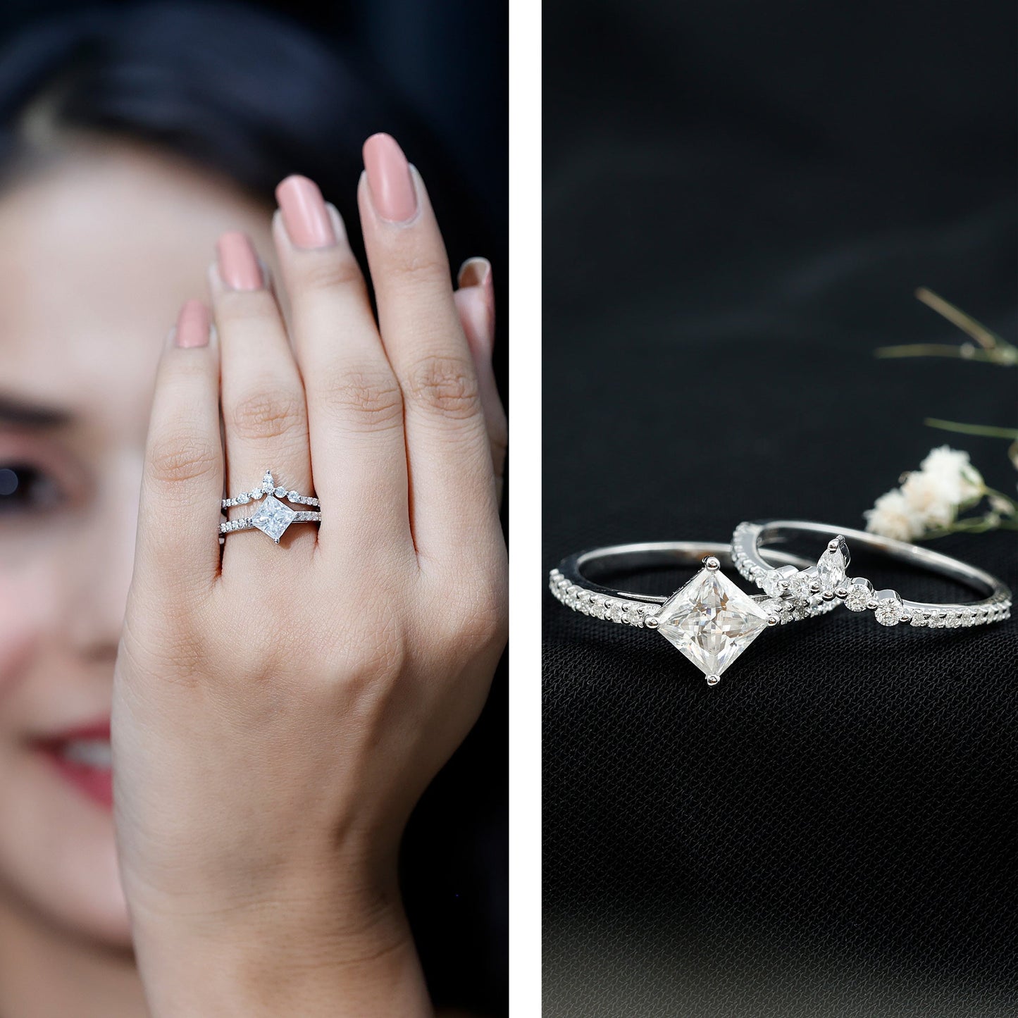Princess Cut Moissanite Wedding Ring Set for Women