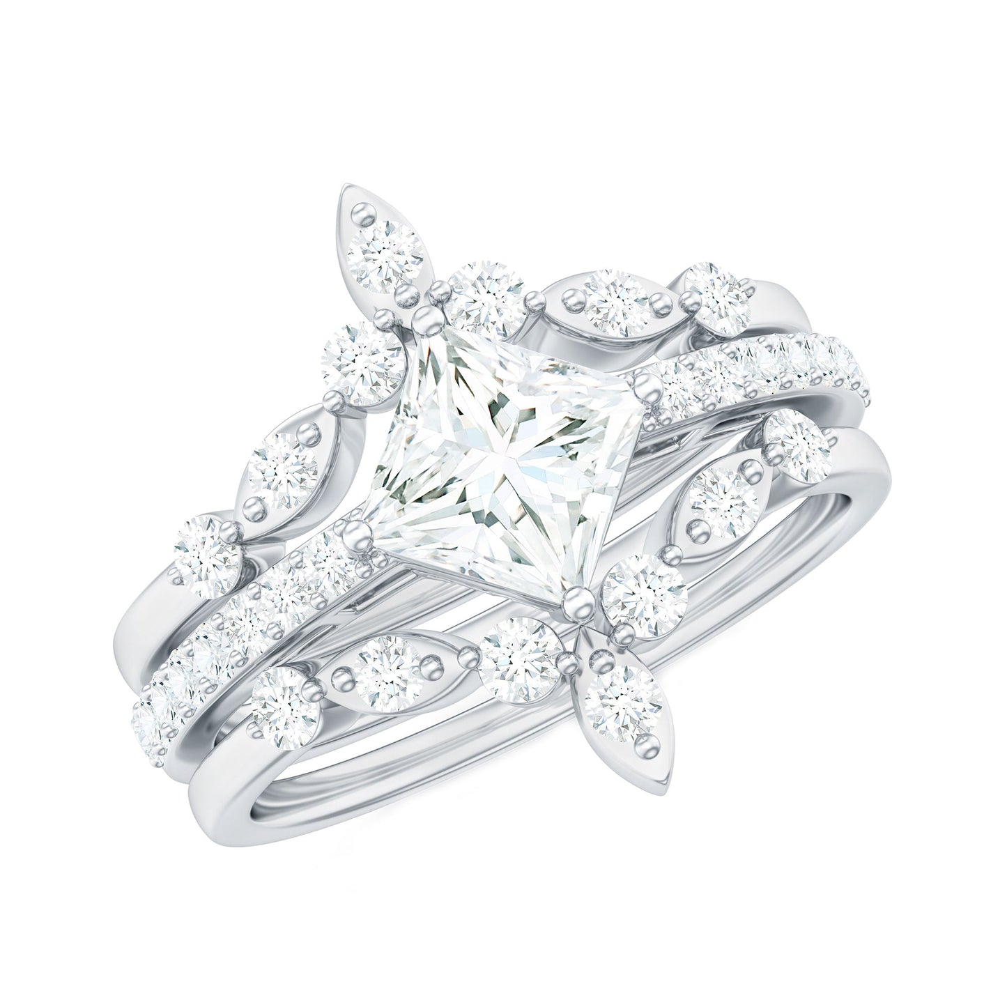 Classic Trio Bridal Ring Set with Princess and Round Cut Moissanites