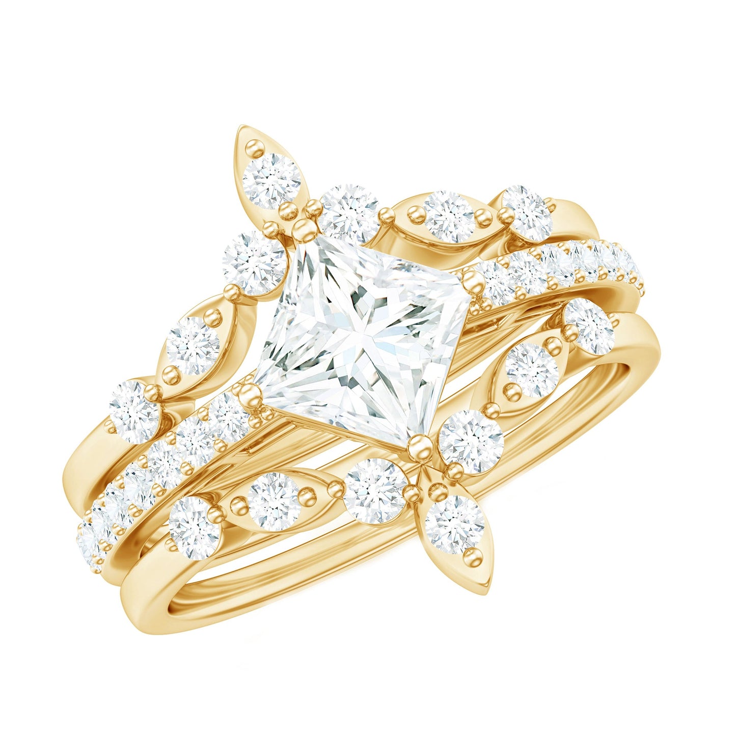 Classic Trio Bridal Ring Set with Princess and Round Cut Moissanites