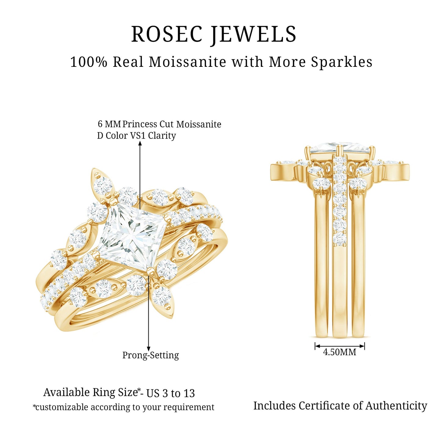 Classic Trio Bridal Ring Set with Princess and Round Cut Moissanites