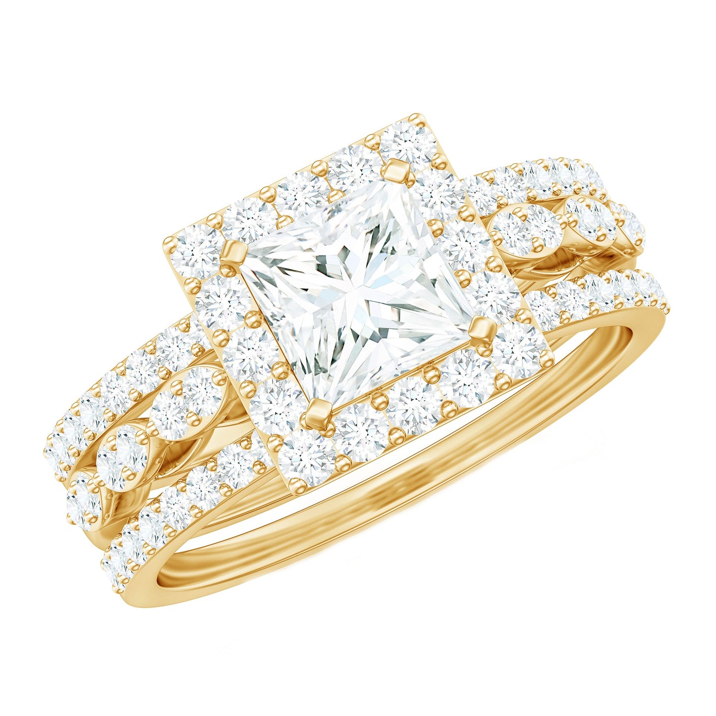 Princess Cut Moissanite Halo Engagement Ring with Wedding Bands