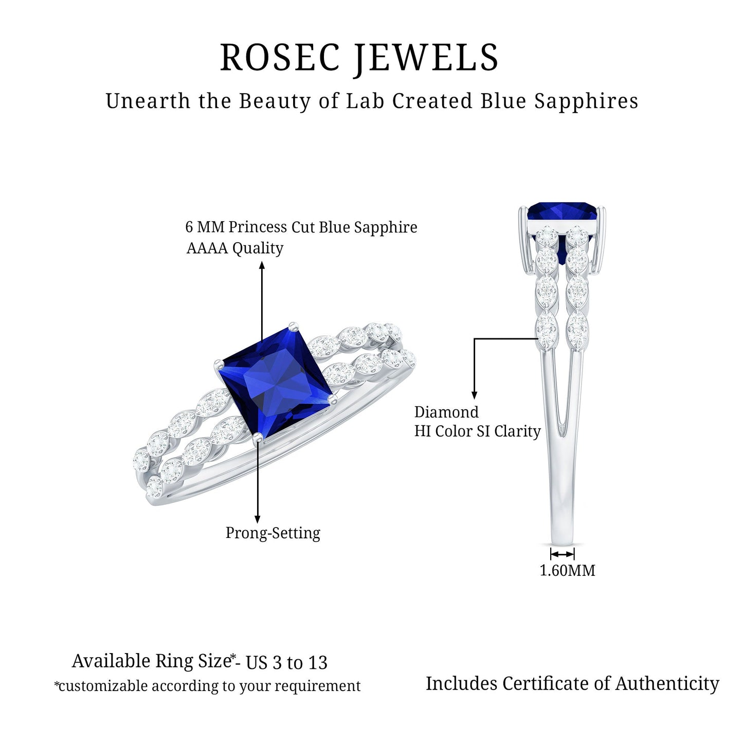 Certified 1.5 Carat Princess Cut Lab Grown Blue Sapphire Double Band Engagement Ring with Diamond