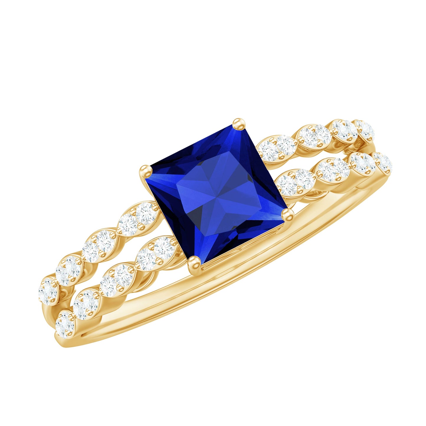 Certified 1.5 Carat Princess Cut Lab Grown Blue Sapphire Double Band Engagement Ring with Diamond