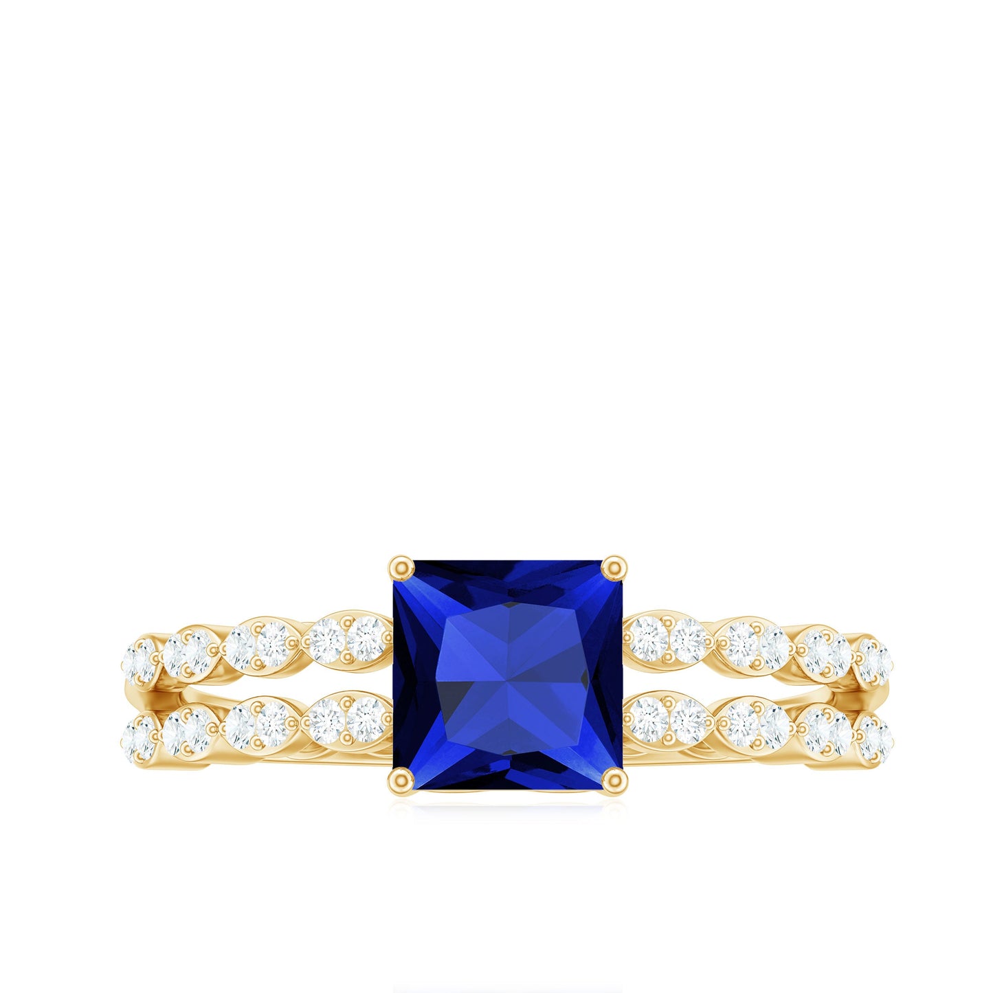 Certified 1.5 Carat Princess Cut Lab Grown Blue Sapphire Double Band Engagement Ring with Diamond