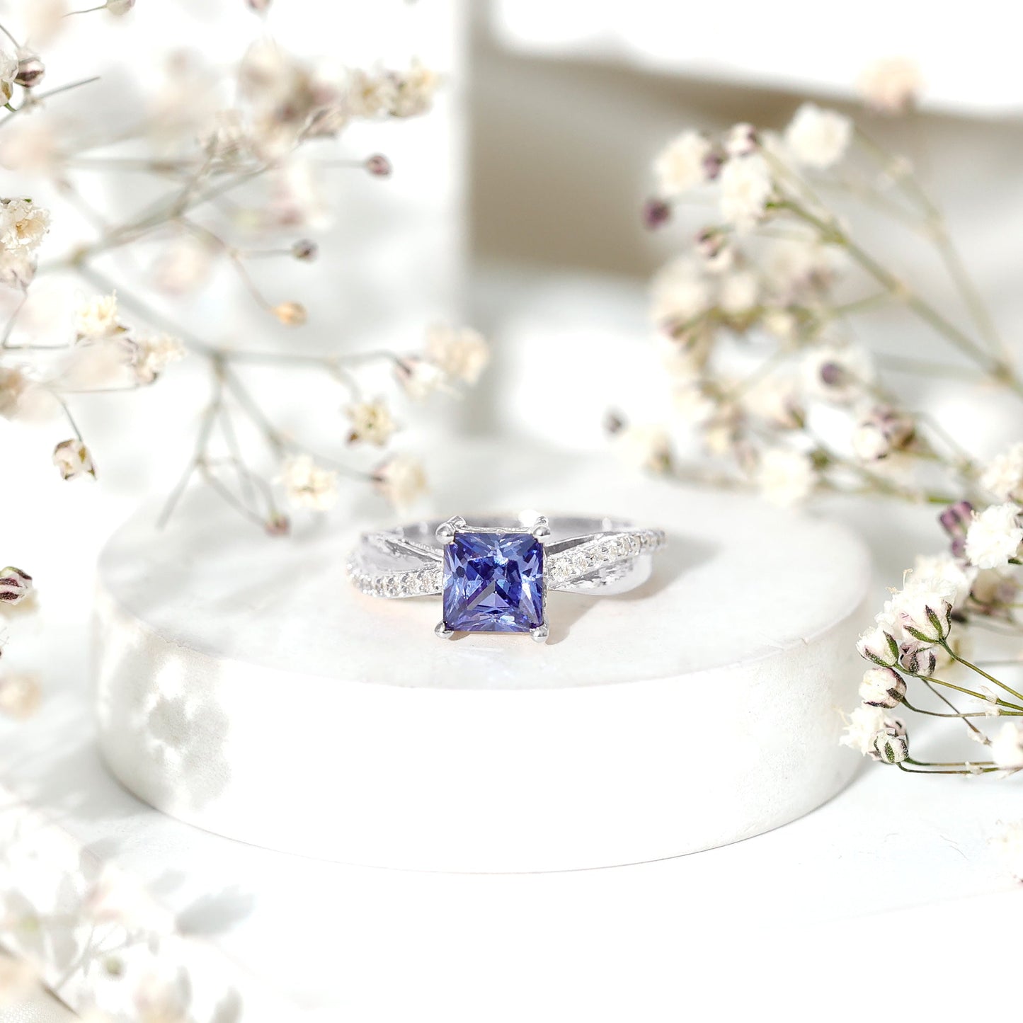 Certified 1.5 Carat Lab Grown Blue Sapphire Princess Cut Engagement Ring with Diamond