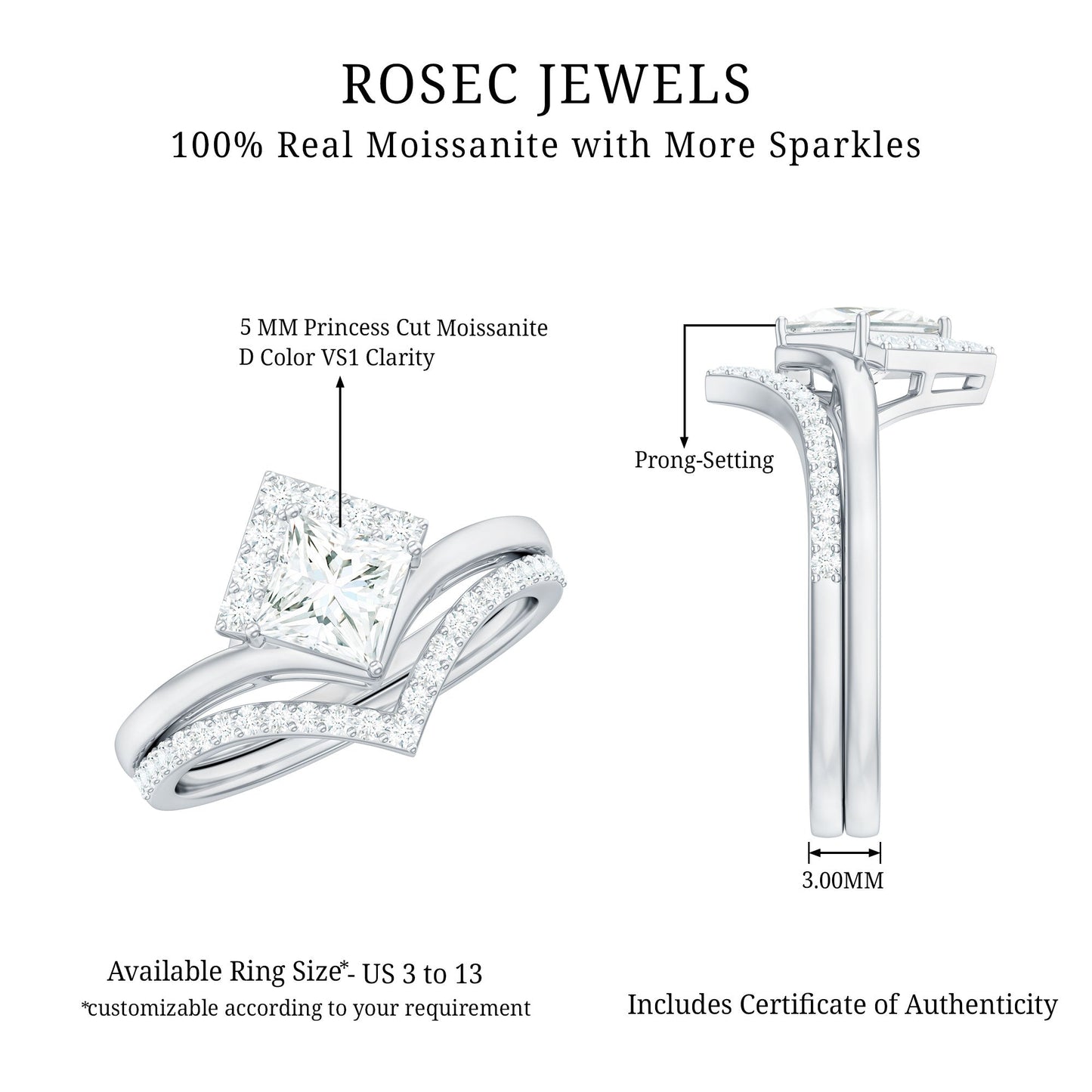Certified Princess Cut Moissanite Wedding Ring Set for Women