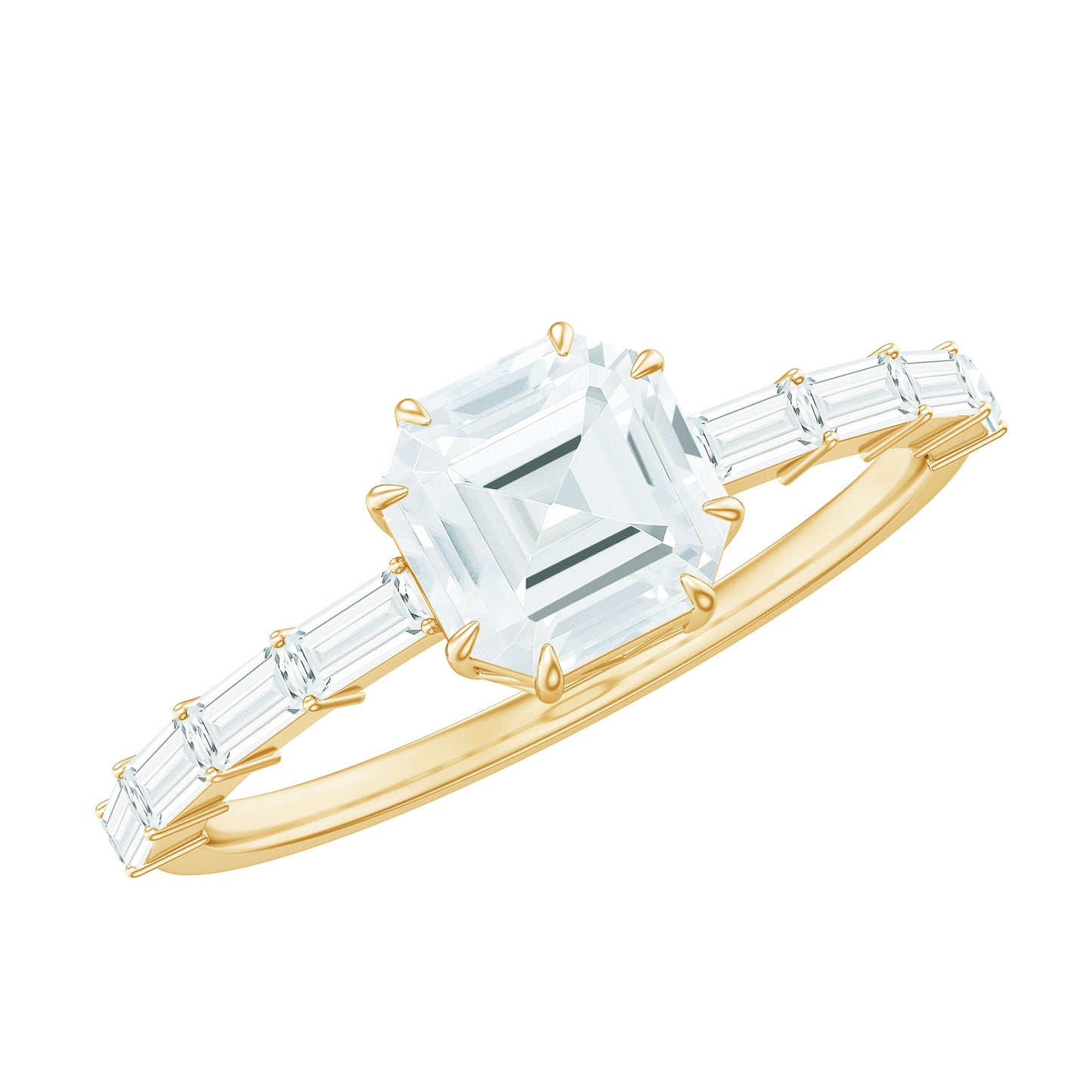 Asscher Cut Moissanite Engagement Ring with Baguette Side Stones