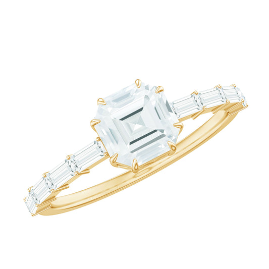 Asscher Cut Moissanite Engagement Ring with Baguette Side Stones