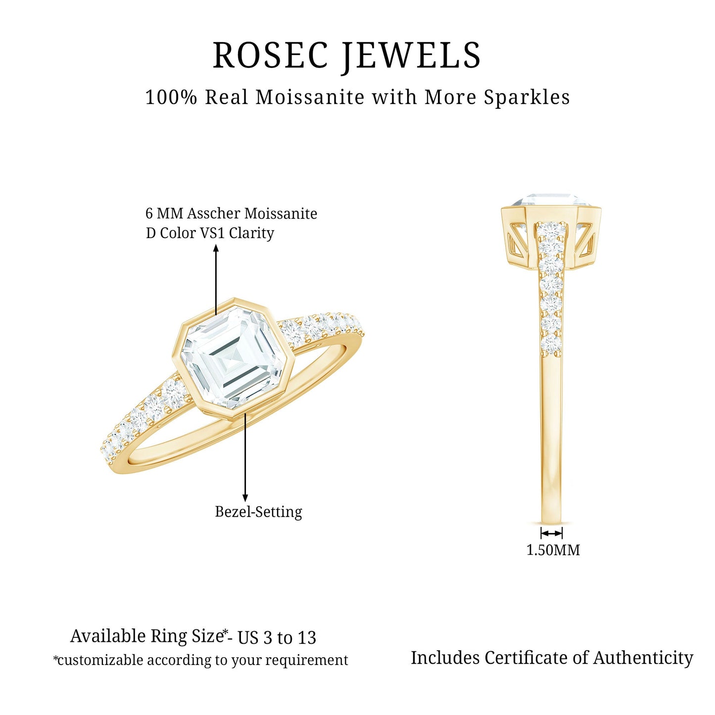 Asscher Cut Moissanite Solitaire Engagement Ring in Bezel Setting