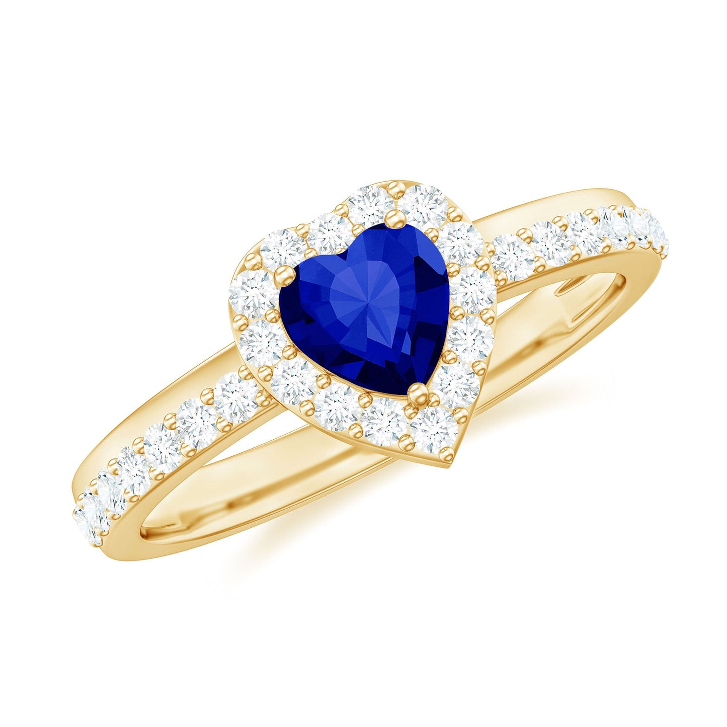 Certified 0.9 Carat Lab Grown Blue Sapphire Heart Engagement Ring with Diamond Halo