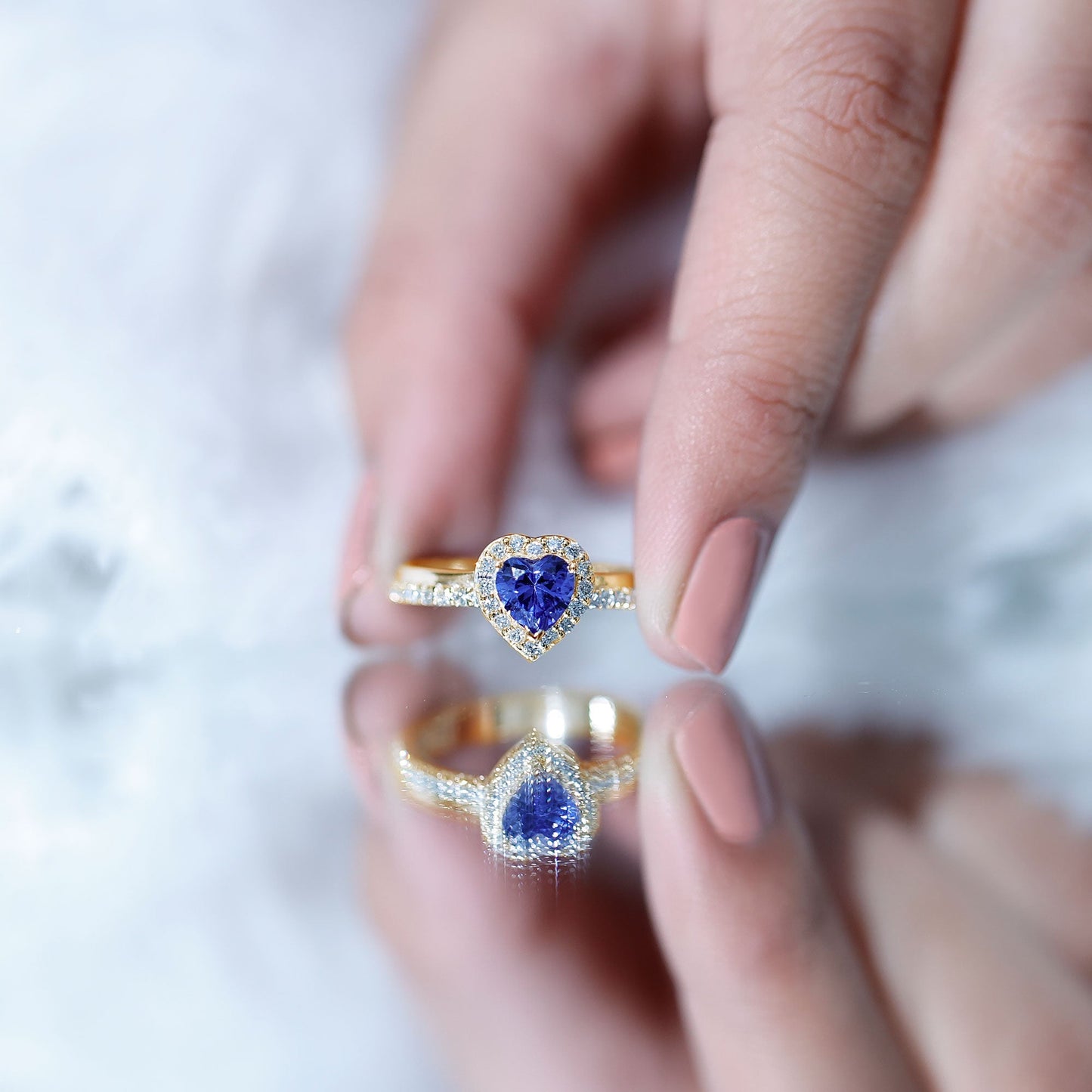 Certified 0.9 Carat Lab Grown Blue Sapphire Heart Engagement Ring with Diamond Halo