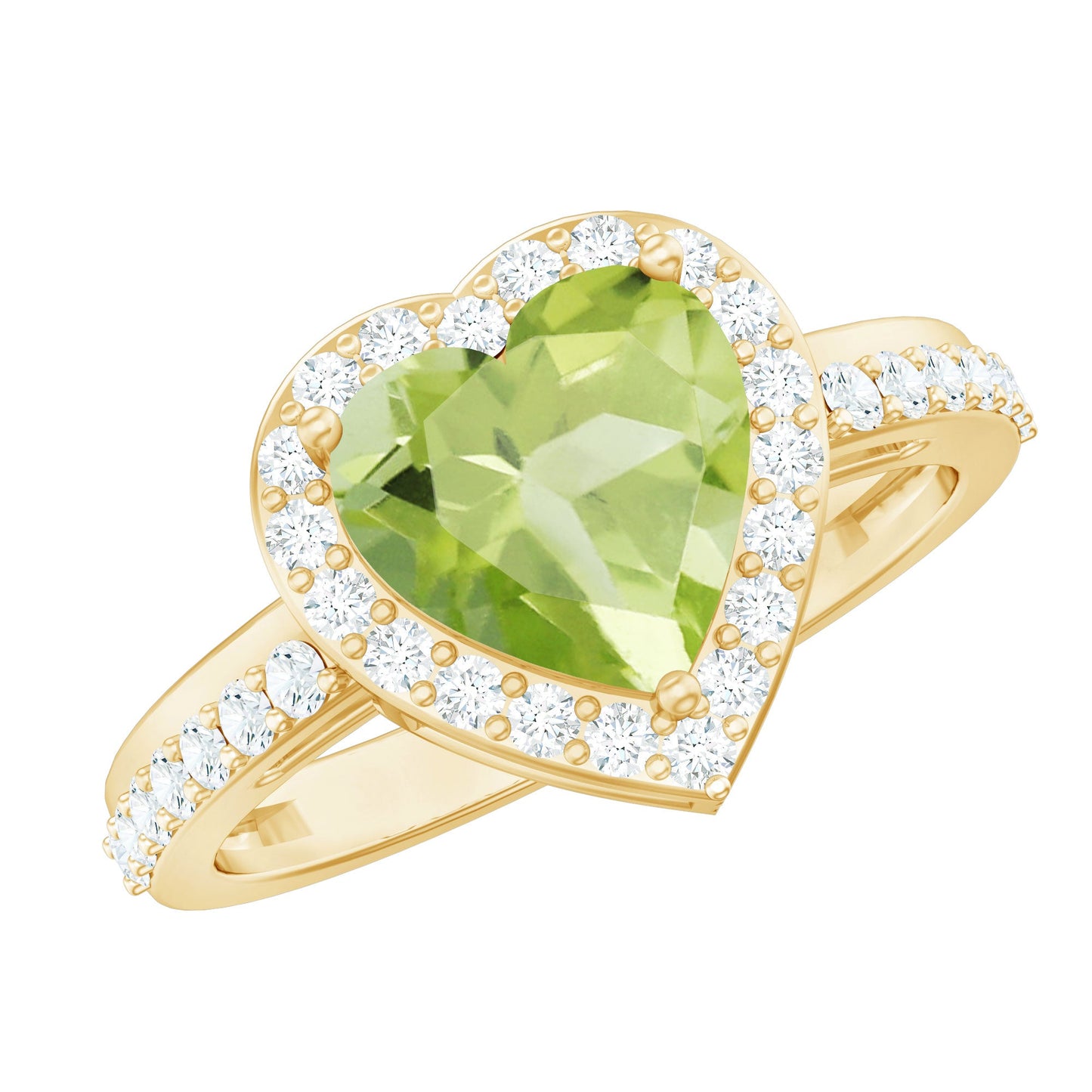 Natural 2 Carat Peridot Heart Engagement Ring with Diamond Halo