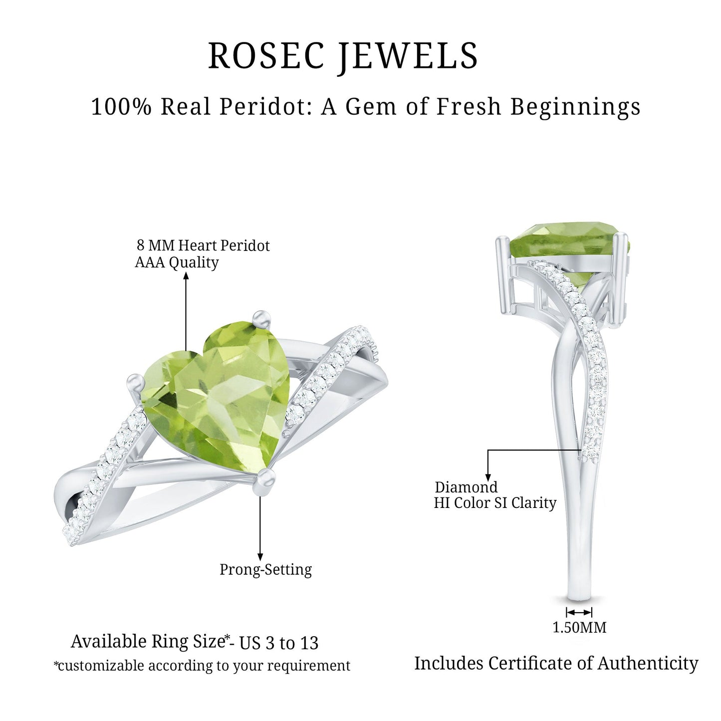 Natural 2 Carat Peridot Heart Engagement Ring with Diamond Crossover Shank