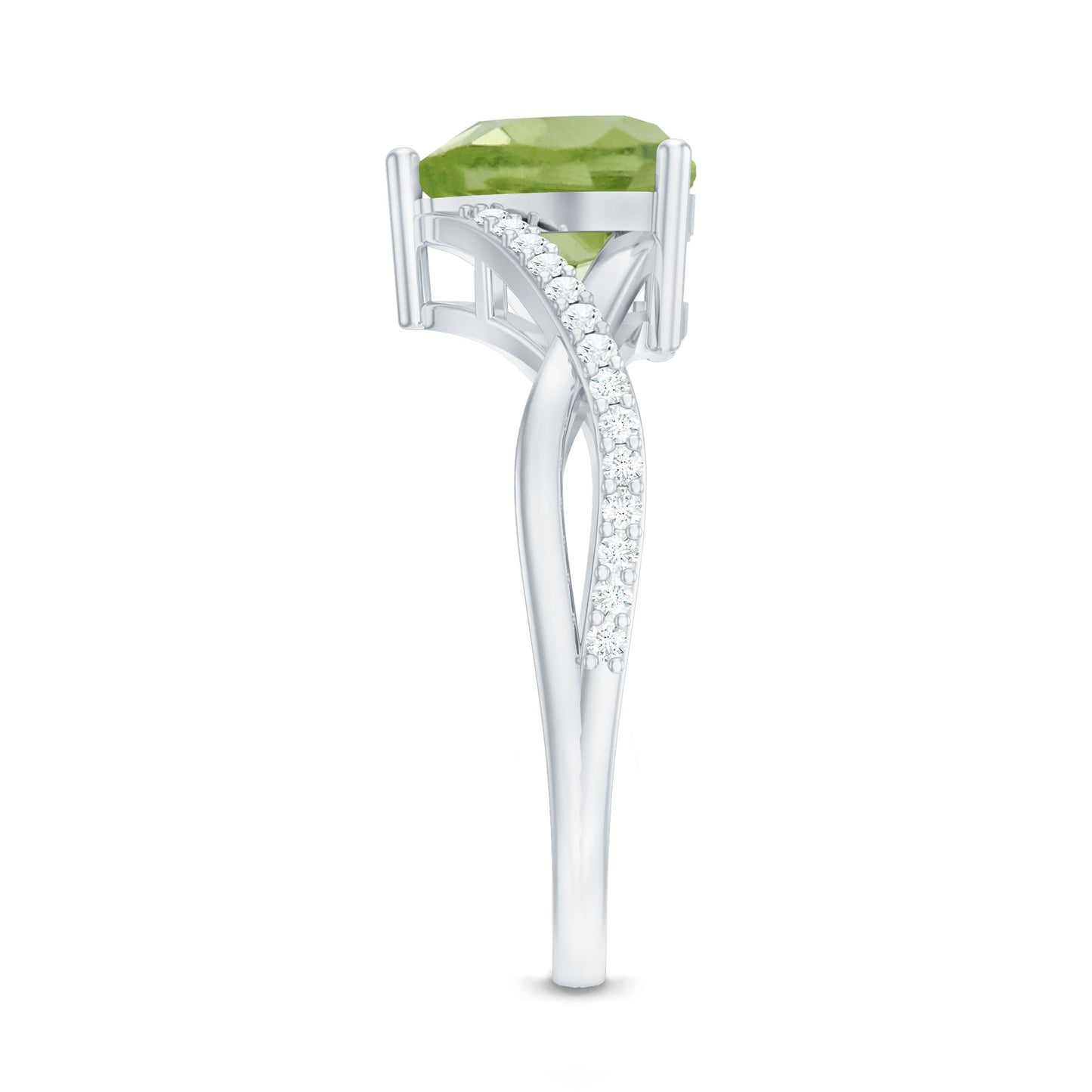 Natural 2 Carat Peridot Heart Engagement Ring with Diamond Crossover Shank