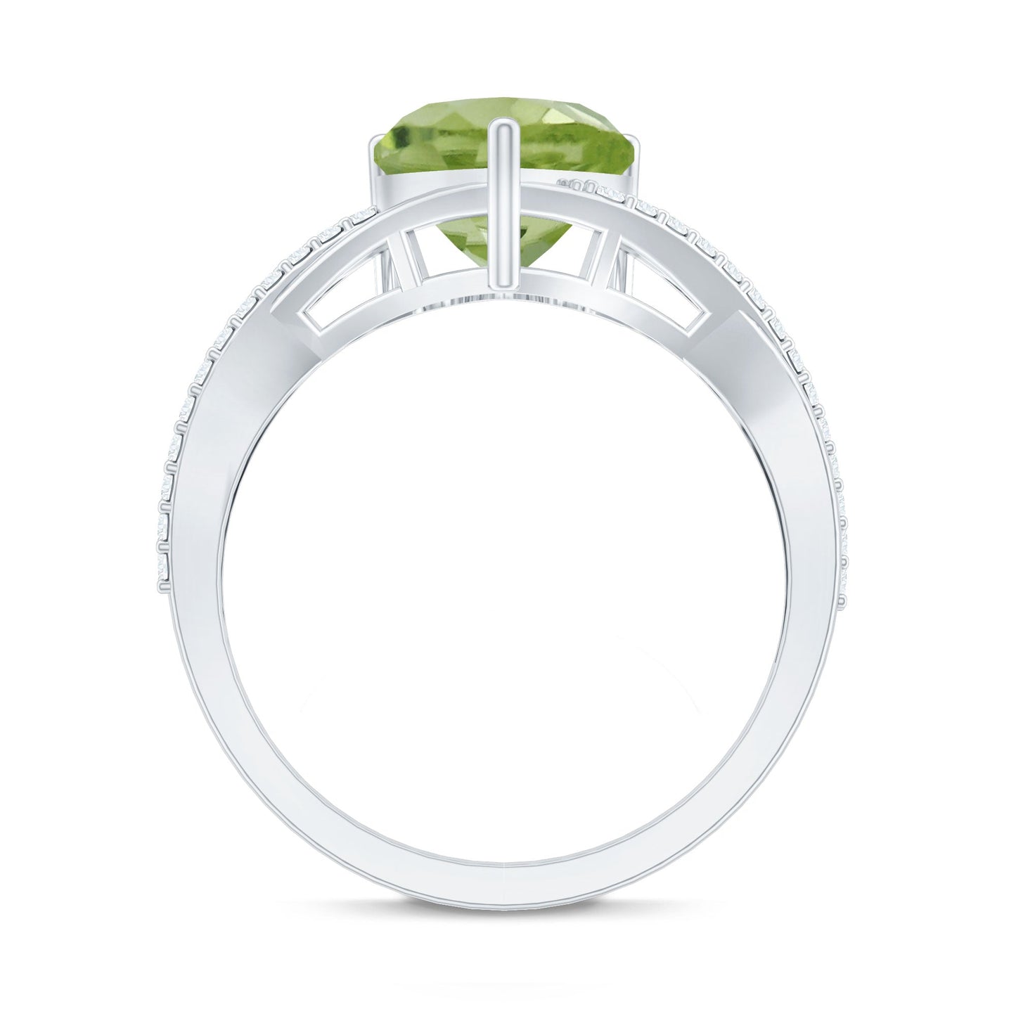 Natural 2 Carat Peridot Heart Engagement Ring with Diamond Crossover Shank