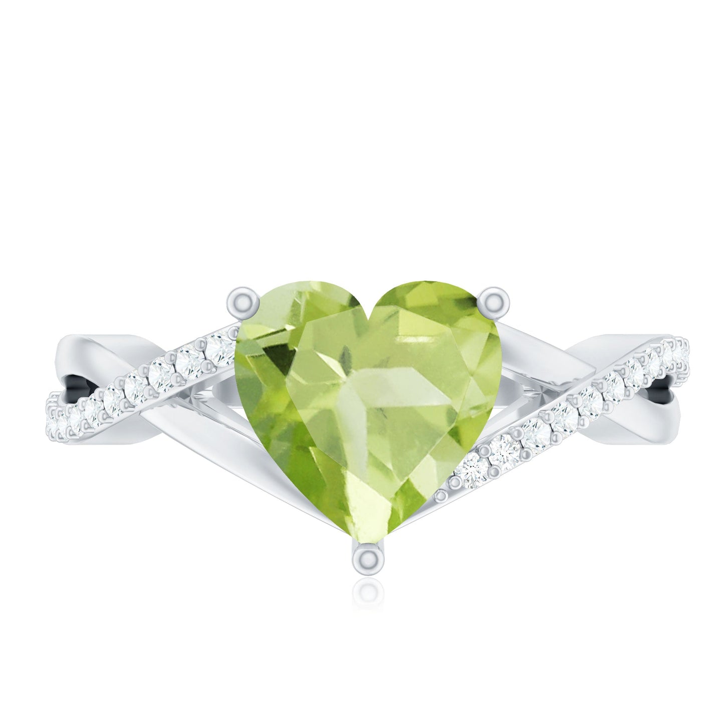 Natural 2 Carat Peridot Heart Engagement Ring with Diamond Crossover Shank