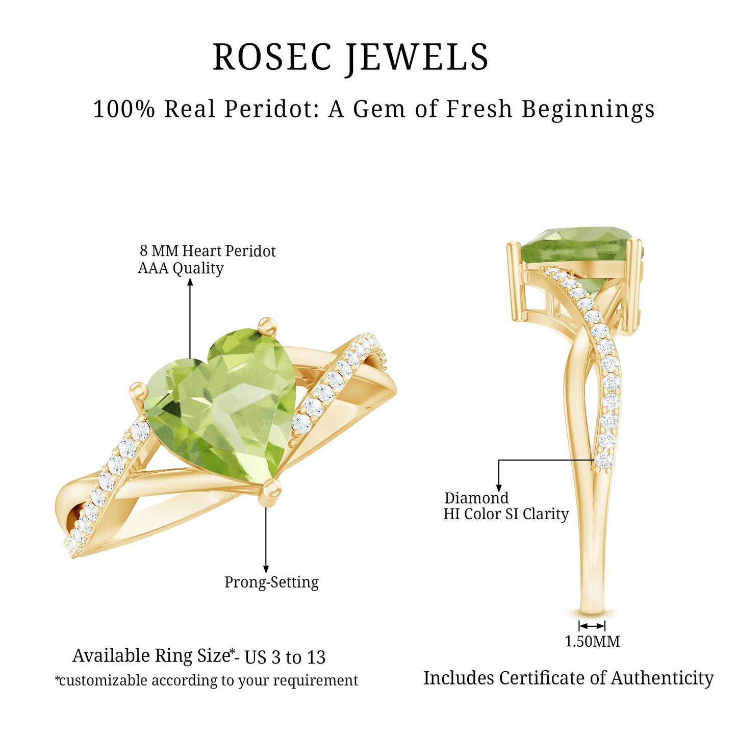 Natural 2 Carat Peridot Heart Engagement Ring with Diamond Crossover Shank