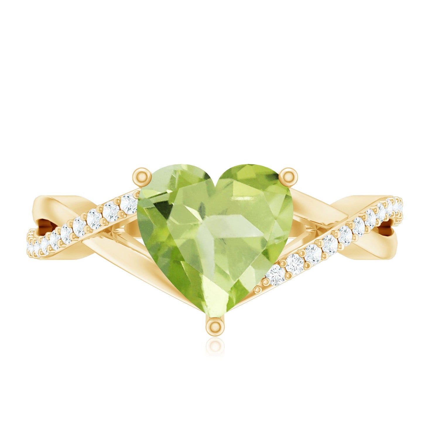 Natural 2 Carat Peridot Heart Engagement Ring with Diamond Crossover Shank