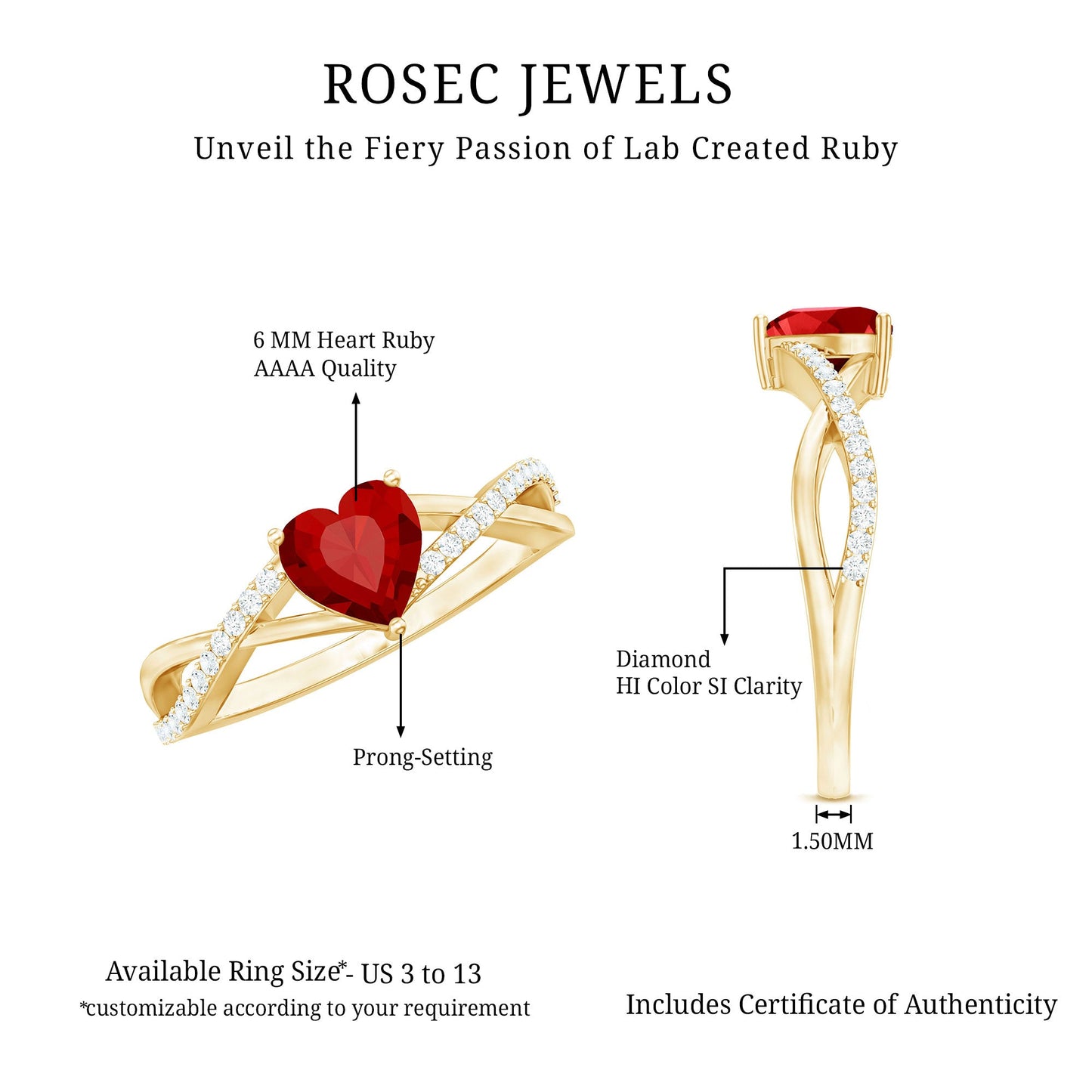 Lab Created Ruby and Diamond Heart Engagement Ring in Crossover Band