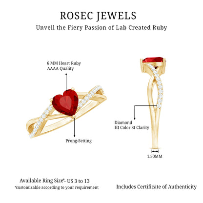 Lab Created Ruby and Diamond Heart Engagement Ring in Crossover Band