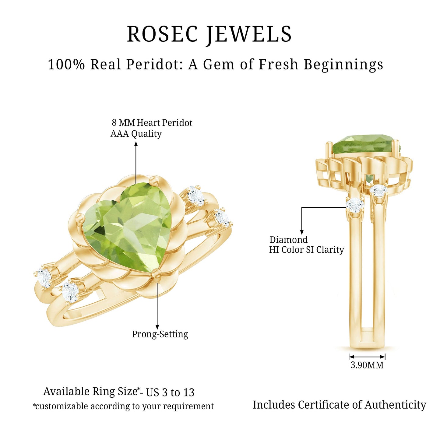 Heart Shape Peridot Solitaire Band Ring with Diamond Stones