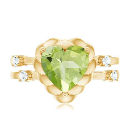 Heart Shape Peridot Solitaire Band Ring with Diamond Stones