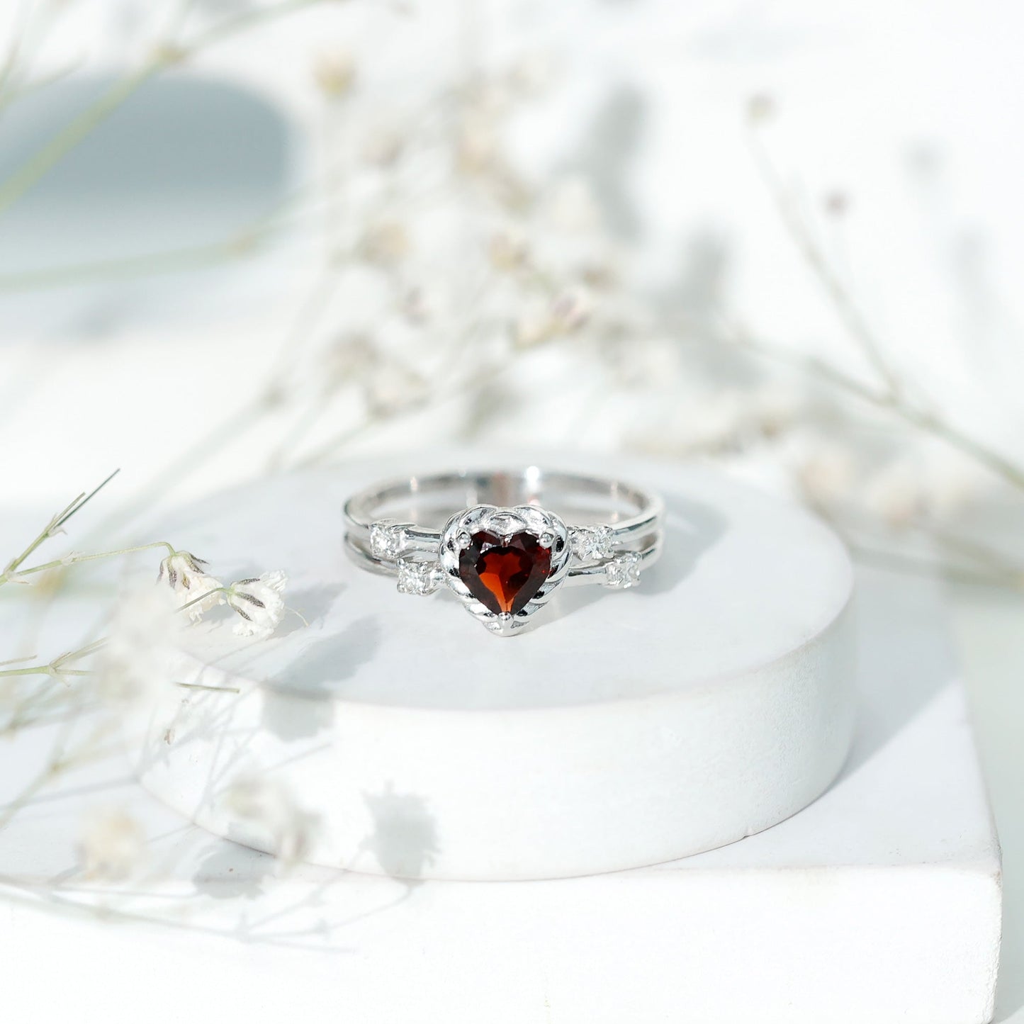 Natural Heart Shaped Garnet Diamond Double Band Engagement Ring