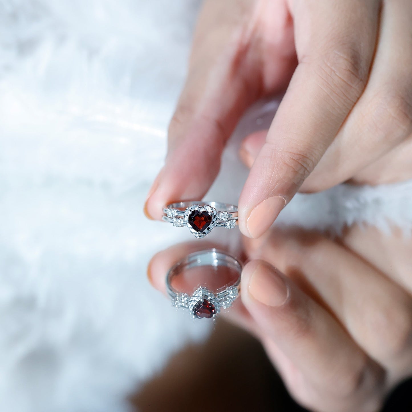 Natural Heart Shaped Garnet Diamond Double Band Engagement Ring