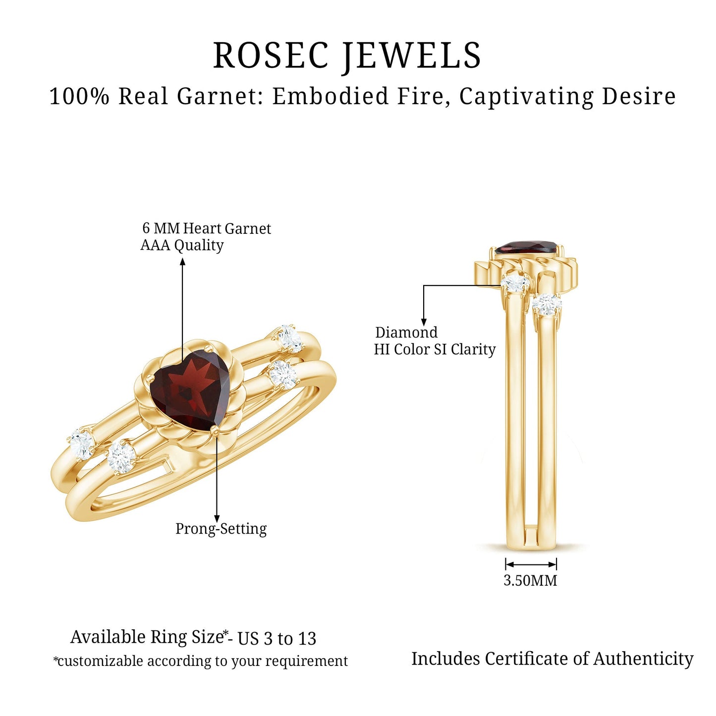 Natural Heart Shaped Garnet Diamond Double Band Engagement Ring