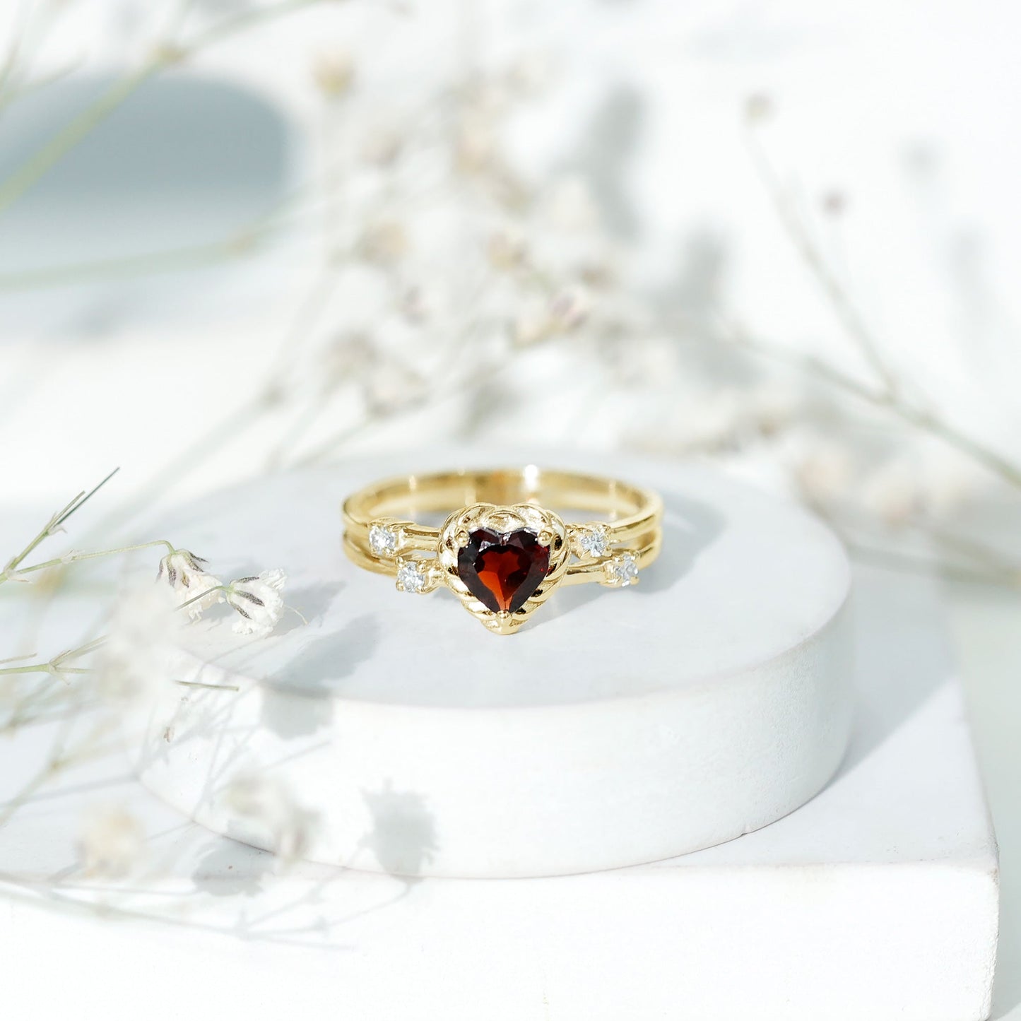Natural Heart Shaped Garnet Diamond Double Band Engagement Ring