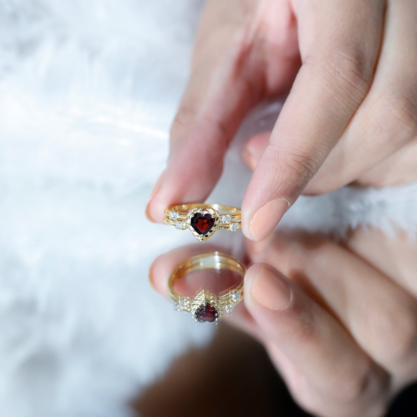 Natural Heart Shaped Garnet Diamond Double Band Engagement Ring