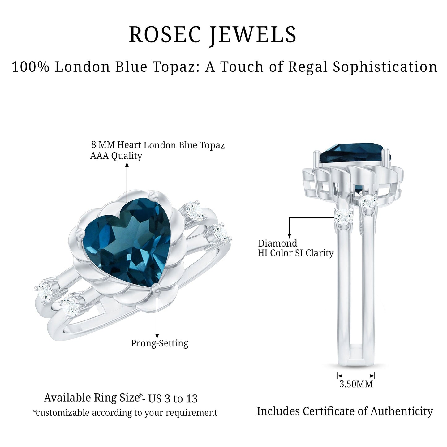 2 Carat Heart Shape London Blue Topaz Double Band Ring with Diamond