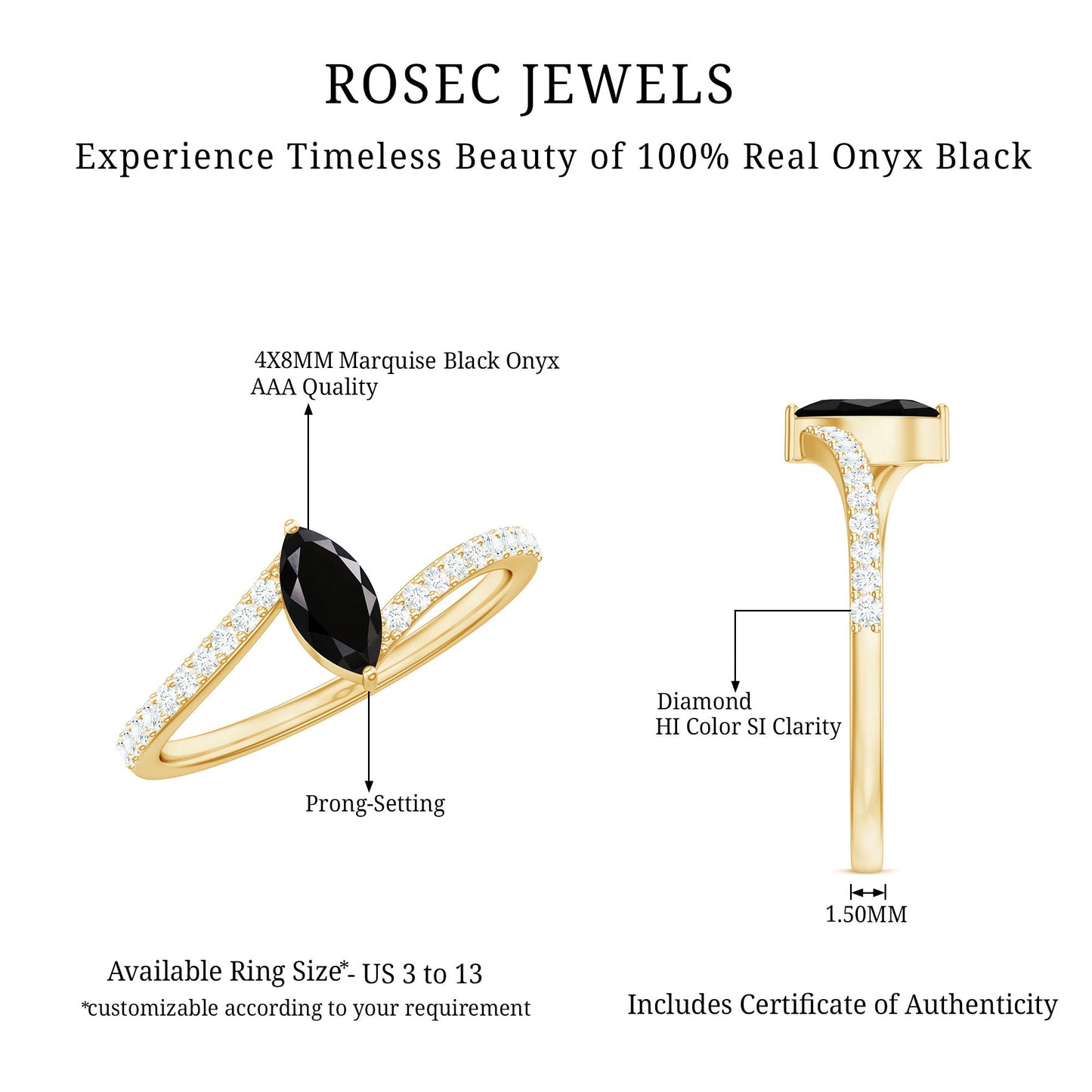 0.7 Carat Marquise Cut Black Onyx Promise Ring with Diamond Bypass Shank