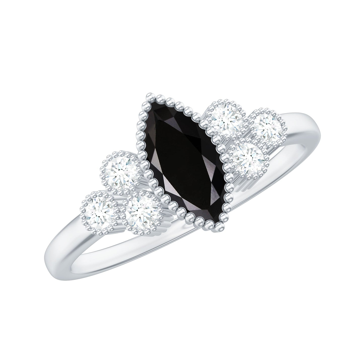 Natural Marquise Black Spinel Engagement Ring with Diamond Trio