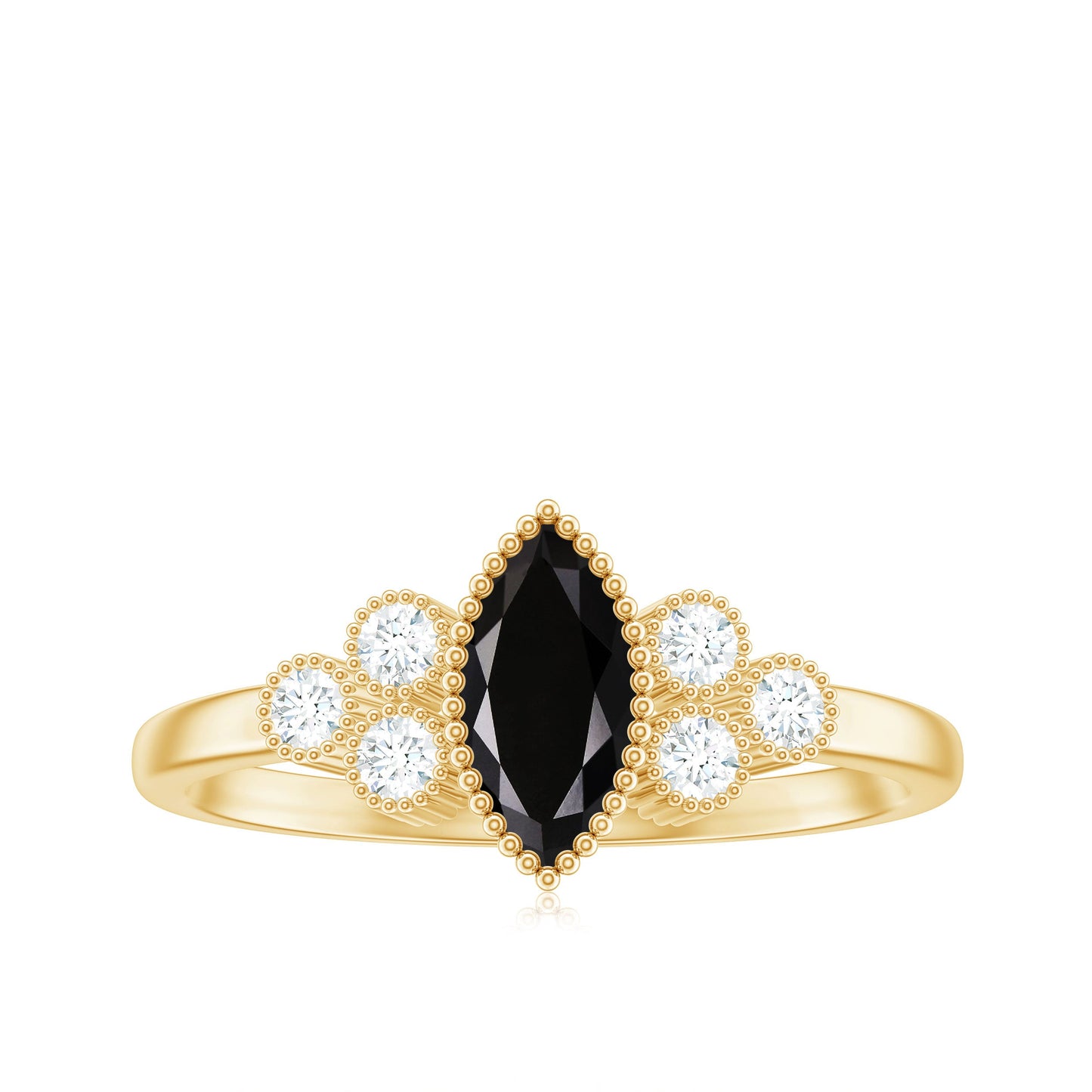 Natural Marquise Black Spinel Engagement Ring with Diamond Trio