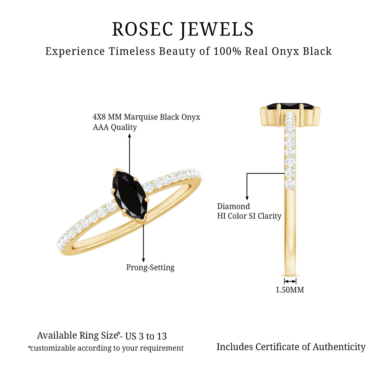 0.7 Carat Marquise Cut Black Onyx Minimal Promise Ring with Diamond