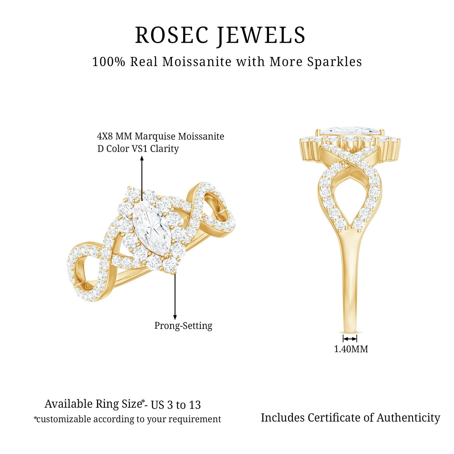Marquise Moissanite Criss Cross Engagement Ring with Halo