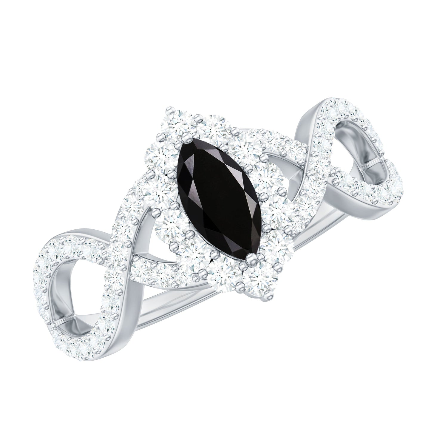 0.7 Carat Marquise Cut Black Onyx Statement Engagement Ring with Diamond Halo